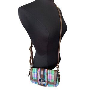 Chaps Green & Pink Plaid Crossbody Bag With Brown Trim & Adjustable Strap